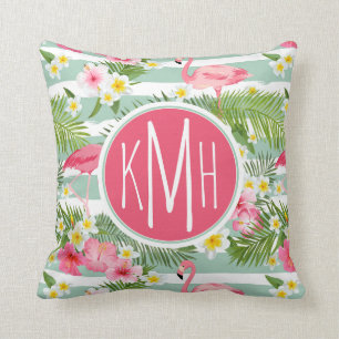 Flamingos And Stripes Monogram Throw Pillow