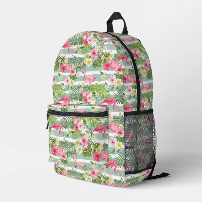 Flamingos And Stripes Printed Backpack (Back Corner Right)