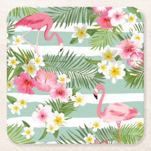 Flamingos And Stripes Square Paper Coaster