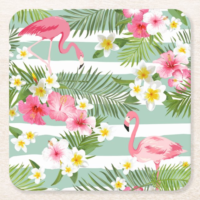 Flamingos And Stripes Square Paper Coaster (Front)