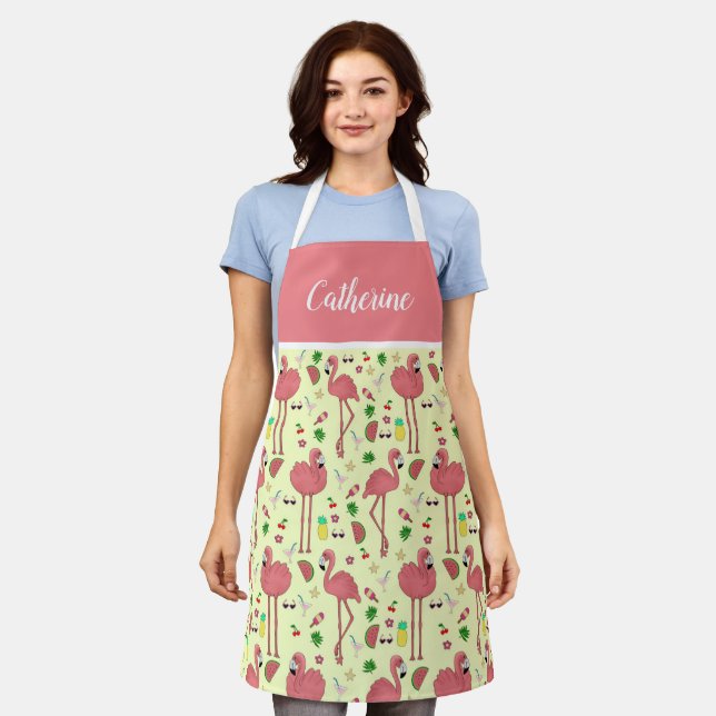 Flamingos and Summer Theme with Name - Yellow Apron (Worn)