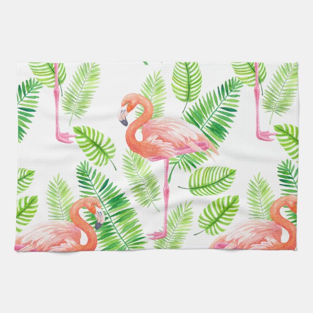 Flamingos and tropical leaves kitchen towel (Horizontal)