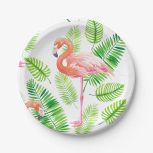 Flamingos and tropical leaves paper plate