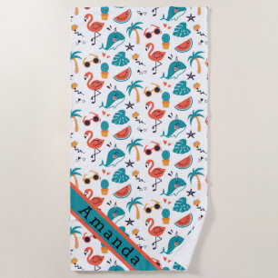 Flamingos and Unicorn Whales  Beach Towel