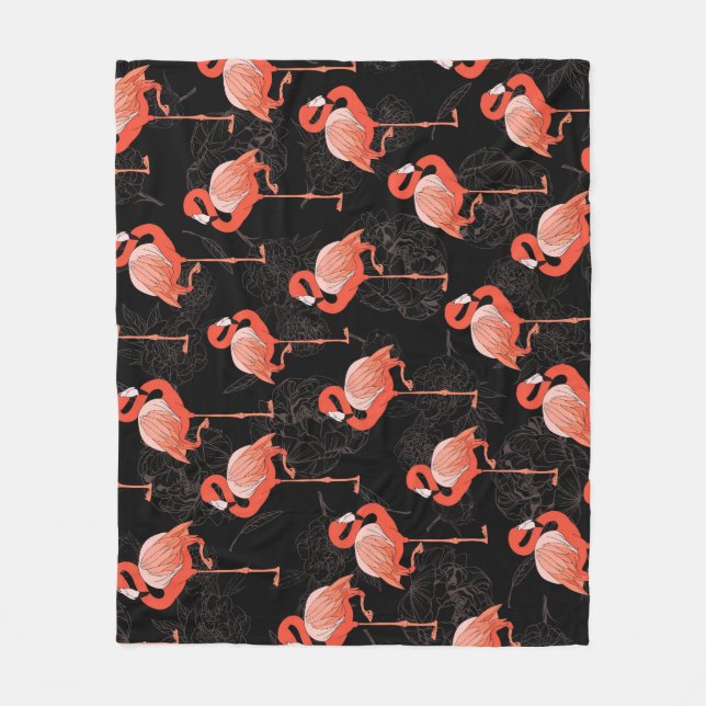 Flamingos Birds: Vintage Textile Design Fleece Blanket (Front)
