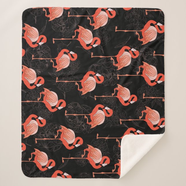 Flamingos Birds: Vintage Textile Design Sherpa Blanket (Front)