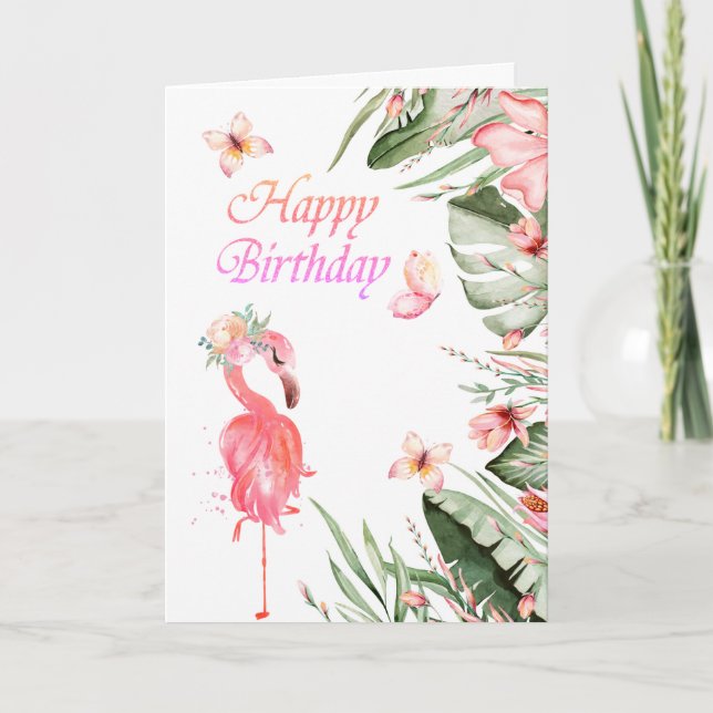 Flamingos Butterflies Tropical Leaves Birthday  Card (Front)