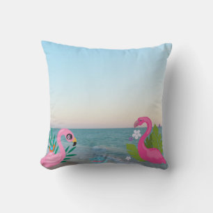 Flamingos by the Ocean with Tropical Blooms Throw Pillow