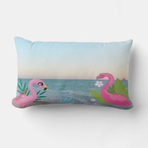 Flamingos by the Shore with Tropical Friends Lumbar Pillow