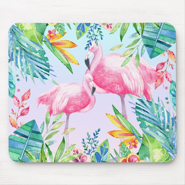 Flamingos & Colourful tropical Flowers Mouse Pad (Front)