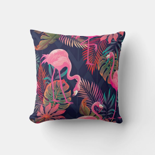 Flamingos Colourful Tropical Leaves Pattern Throw Pillow (Front)
