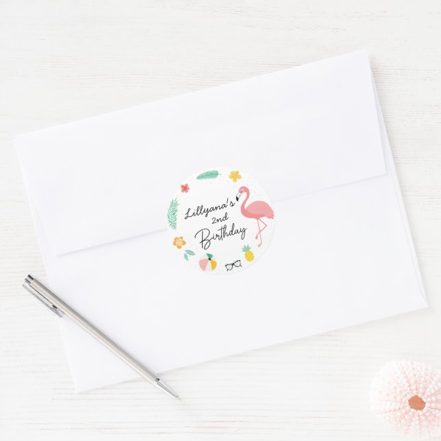 Flamingos Cute Tropical Birthday Party, Envelope Classic Round Sticker (Envelope)