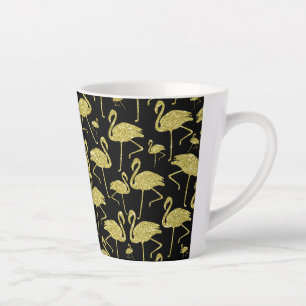Flamingos Faux Gold On Black Background Latte Mug