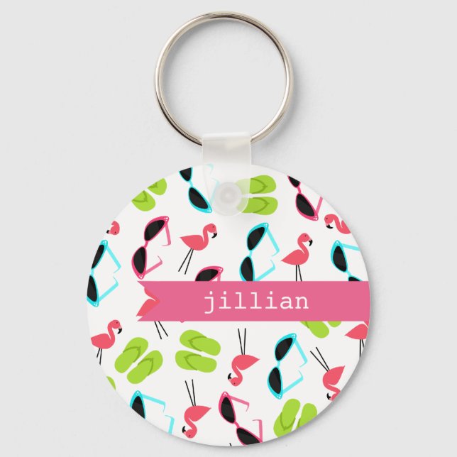 Flamingos & Flip Flops Personalized Keychain (Front)