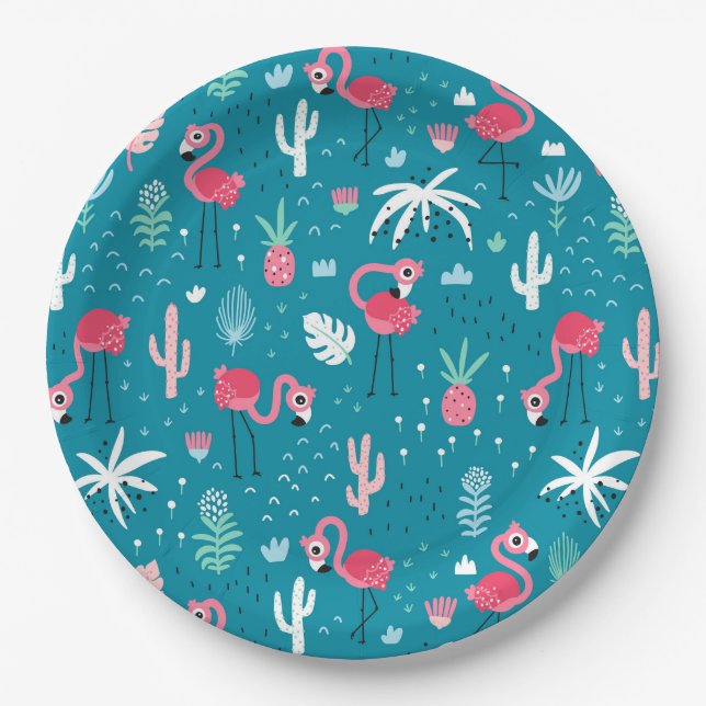 Flamingos, Flowers and Cactus Paper Plate (Front)