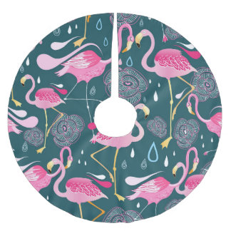 Flamingos Flowers: Dark Graphic Seamless. Brushed Polyester Tree Skirt