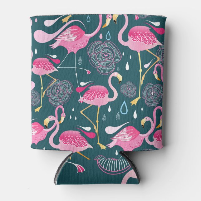 Flamingos Flowers: Dark Graphic Seamless. Can Cooler (Front)