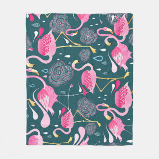 Flamingos Flowers: Dark Graphic Seamless. Fleece Blanket