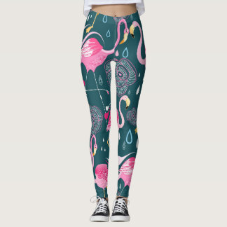 Flamingos Flowers: Dark Graphic Seamless. Leggings