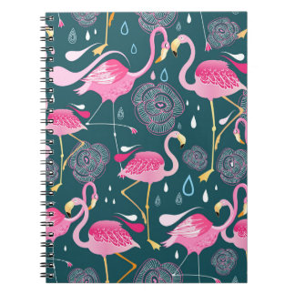 Flamingos Flowers: Dark Graphic Seamless. Notebook