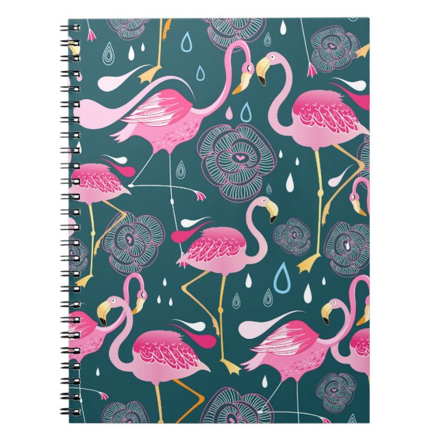 Flamingos Flowers: Dark Graphic Seamless. Notebook (Front)