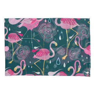Flamingos Flowers: Dark Graphic Seamless. Pillowcase