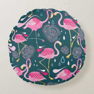 Flamingos Flowers: Dark Graphic Seamless. Round Pillow