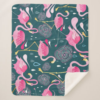 Flamingos Flowers: Dark Graphic Seamless. Sherpa Blanket