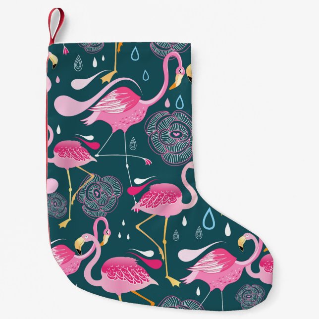 Flamingos Flowers: Dark Graphic Seamless. Small Christmas Stocking (Front)