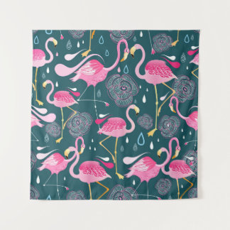 Flamingos Flowers: Dark Graphic Seamless. Tapestry