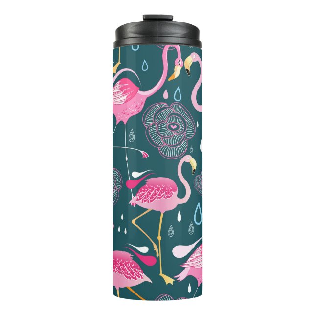 Flamingos Flowers: Dark Graphic Seamless. Thermal Tumbler (Front)