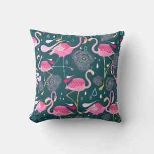 Flamingos Flowers: Dark Graphic Seamless. Throw Pillow