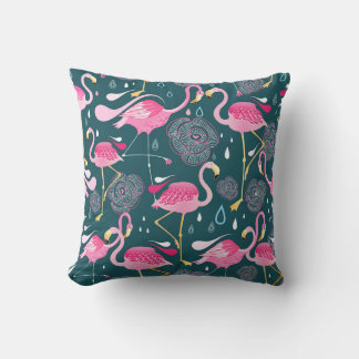 Flamingos Flowers: Dark Graphic Seamless. Throw Pillow