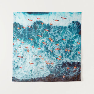 Flamingos flying on the beach of caribbean sea, Lo Tapestry