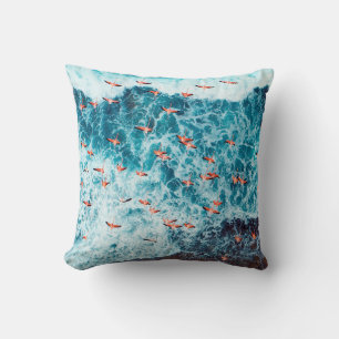 Flamingos flying on the beach of caribbean sea, Lo Throw Pillow