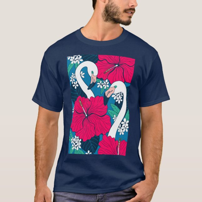 Flamingos, hibiskus and tropical leaves T-Shirt (Front)