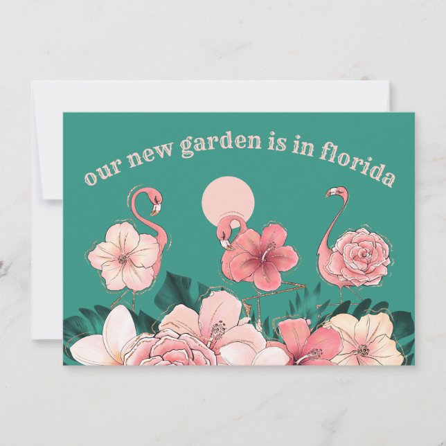 Flamingos in Garden Moved to Florida New Address Announcement (Front)