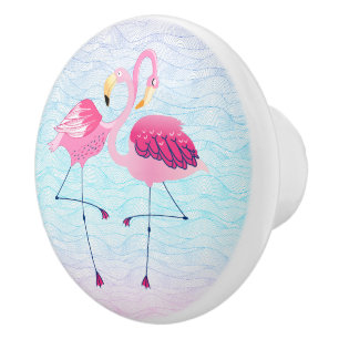 Flamingos In Love Abstract Stylized Water Waves Ceramic Knob