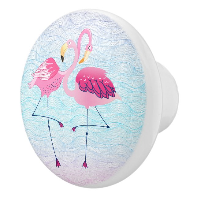 Flamingos In Love Abstract Stylized Water Waves Ceramic Knob (Right)