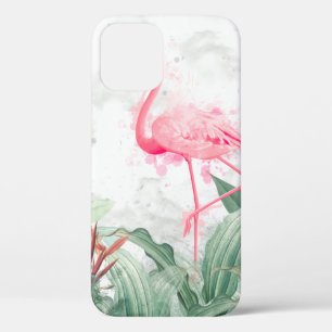 flamingos in tropical plants on a textured backgro iPhone 12 case