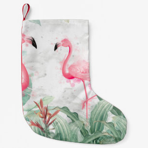 flamingos in tropical plants on a textured backgro small christmas stocking