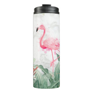 flamingos in tropical plants on a textured backgro thermal tumbler