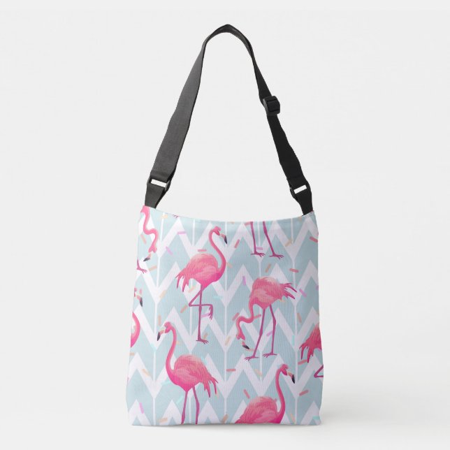 Flamingos Light Grey: Vintage Tropical. Crossbody Bag (Front)