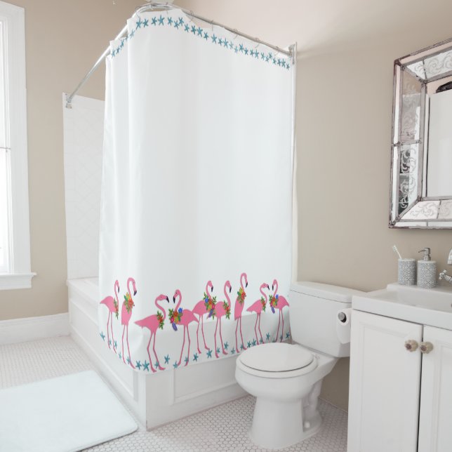 Flamingos n Starfish Beach Bath Shower Curtain (In Situ)