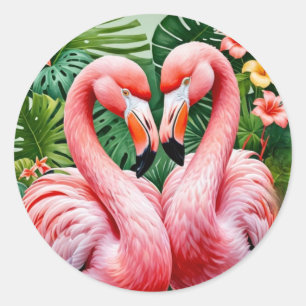 flamingos necks pink heart tropical love flamingo  classic round sticker
