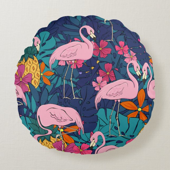 Flamingos on a background of tropical leaves and f round pillow (Front)