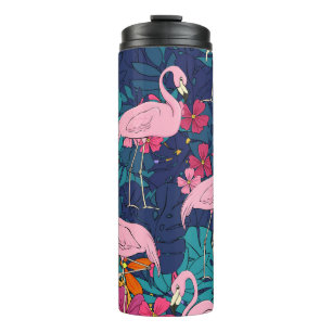 Flamingos on a background of tropical leaves and f thermal tumbler