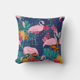 Flamingos on a background of tropical leaves and f throw pillow