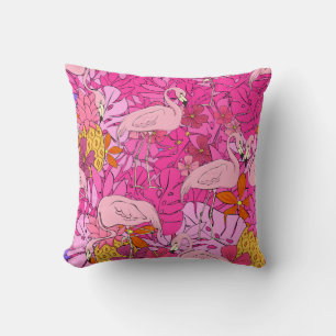 Flamingos on a background of tropical leaves and f throw pillow
