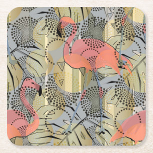 Flamingos on an abstract background. square paper coaster